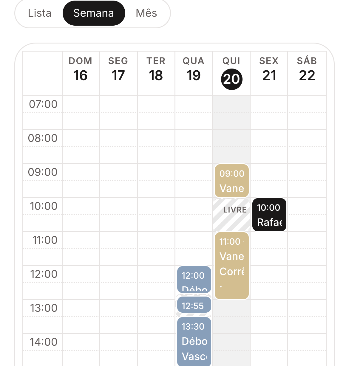 Semana da agenda com a faixa livre entre dois atendimentos