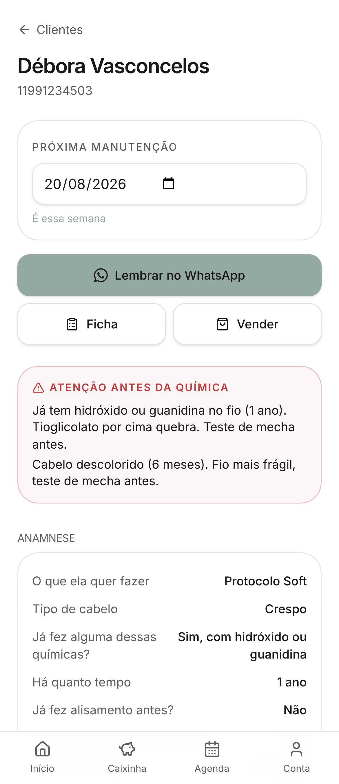 Ficha da cliente com alerta de incompatibilidade
